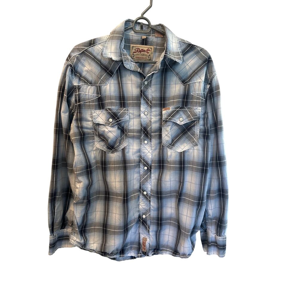 Men’s Rafter Cowboy Collection Blue Plaid Pearl Snap Shirt. Size Large
